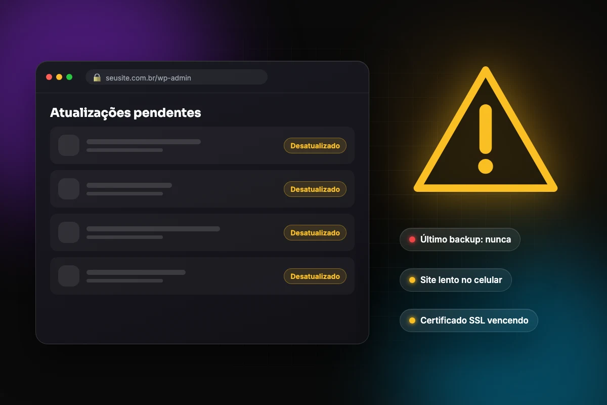 Ilustração de painel WordPress com plugins desatualizados e alertas de segurança