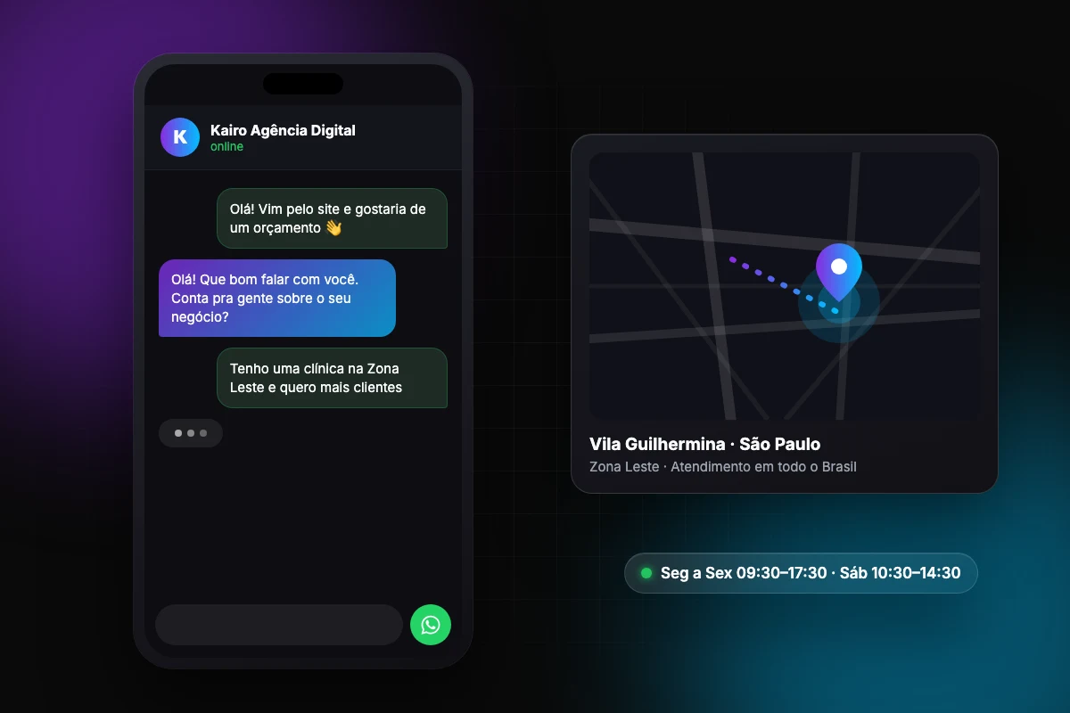 Ilustração de conversa no WhatsApp com a Kairo e mapa da Vila Guilhermina